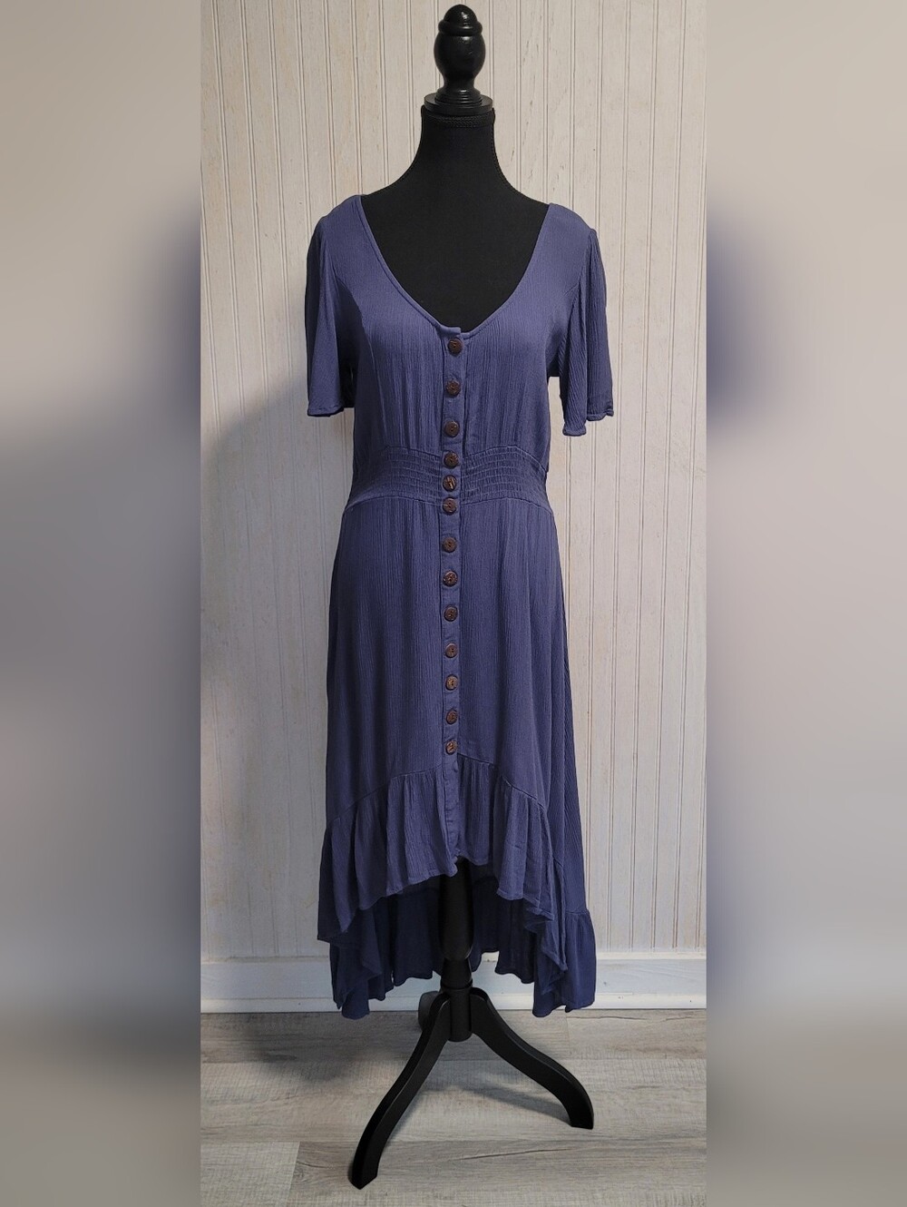 ​Amplify Blue Boho Crinkle Rayon Button Front High Low Midi Dress Size L